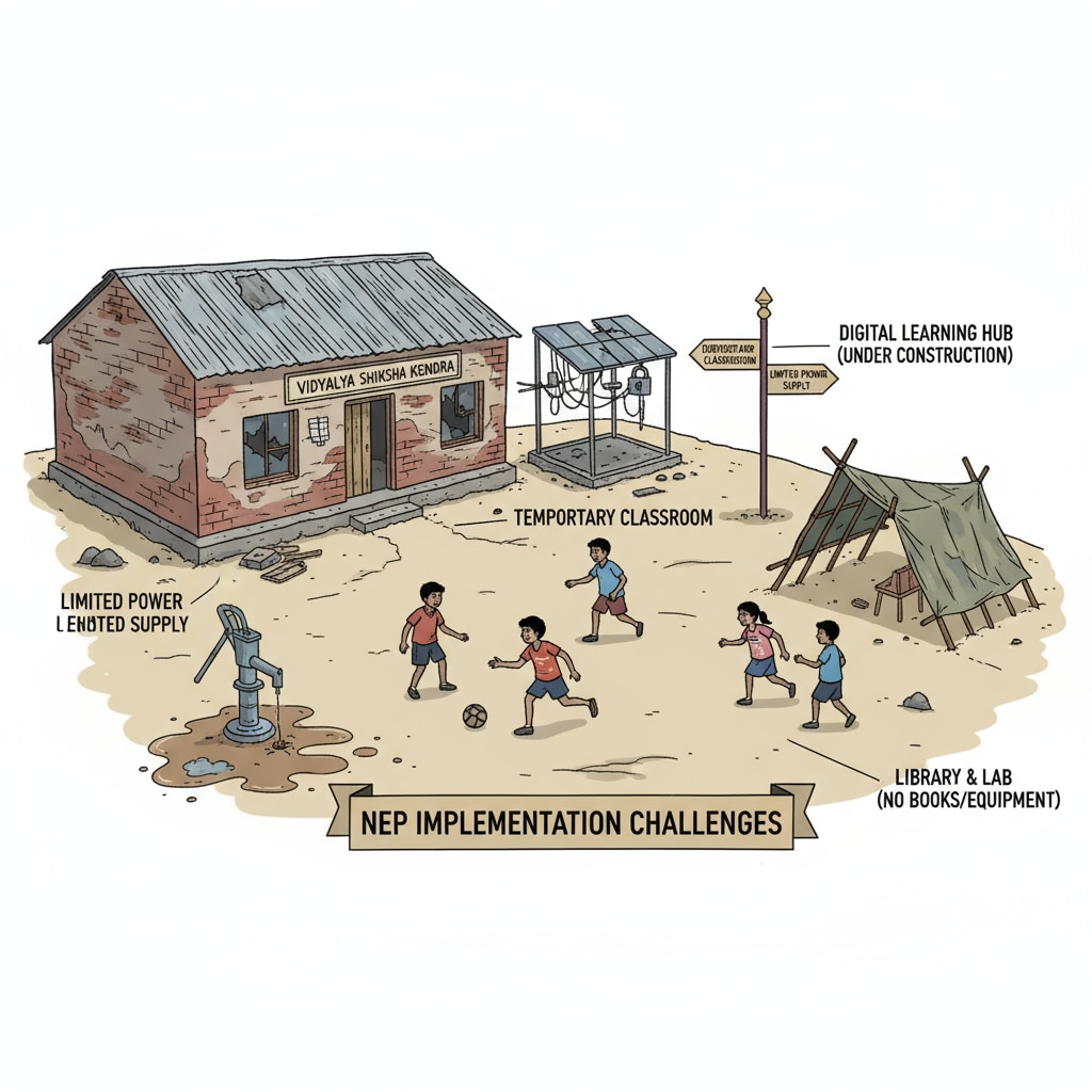 A rural school building with basic facilities, highlighting the infrastructure challenges in implementing NEP Rural school infrastructure related to NEP implementation