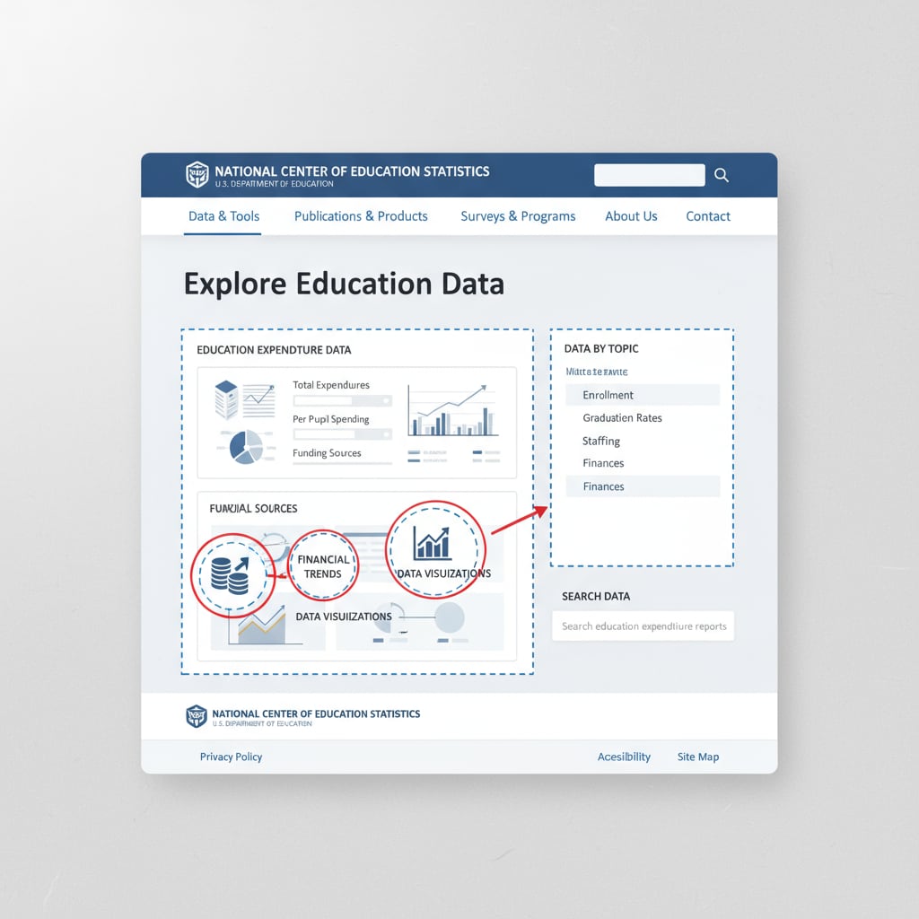 The interface of the NCES website with sections related to education expenditure data clearly marked. NCES website interface for education expenditure data relevant to academic research on US education