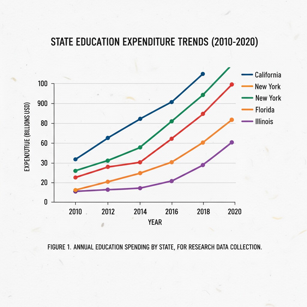 A graph presenting the trends of education expenditure in different states, aiding in data collection for research. Graph of state education expenditure trends useful for academic research on US education spending