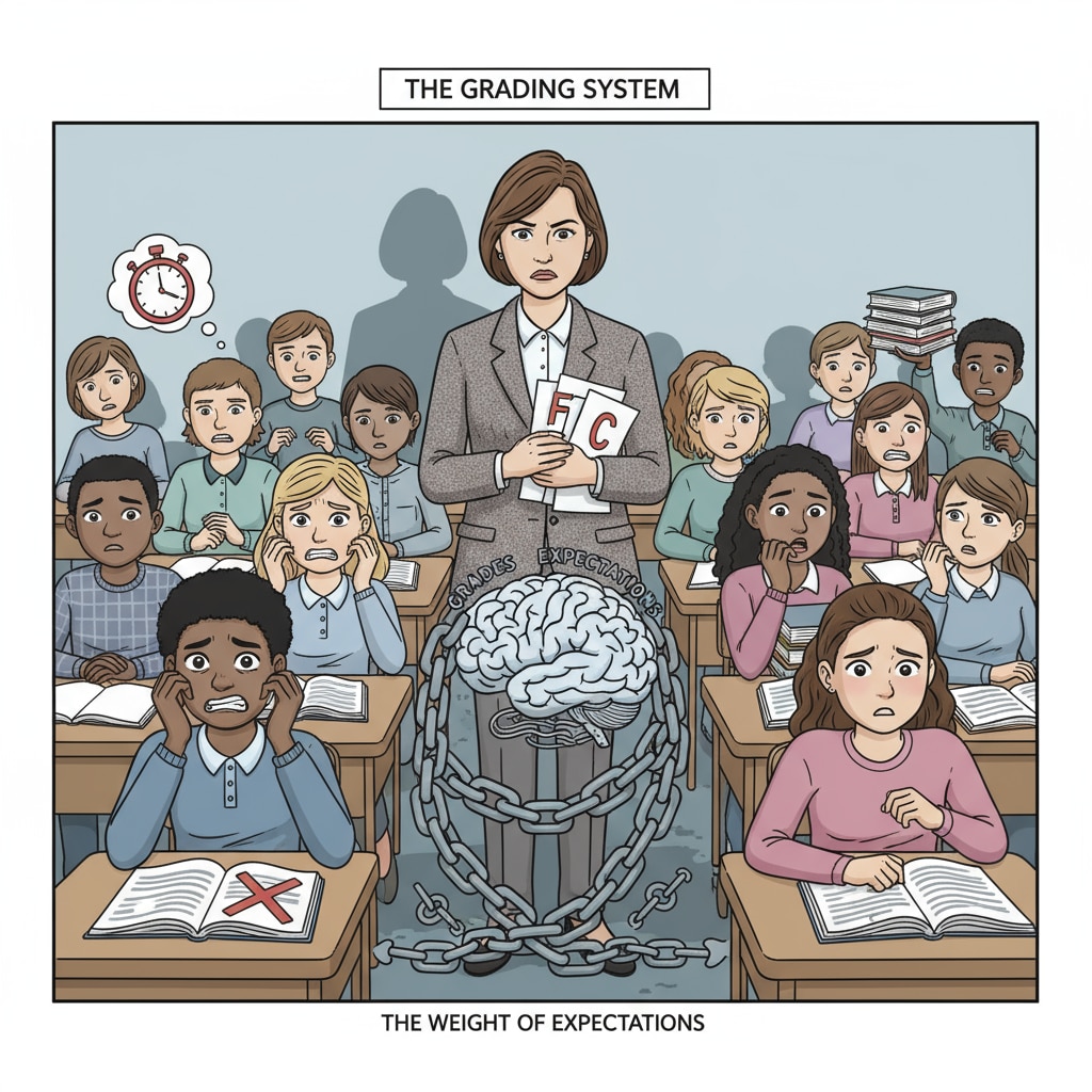 A classroom scene where students are looking worried as they await their graded assignments, highlighting the stress caused by the traditional grading system. Classroom scene with students worried about grades related to education reform and school policy