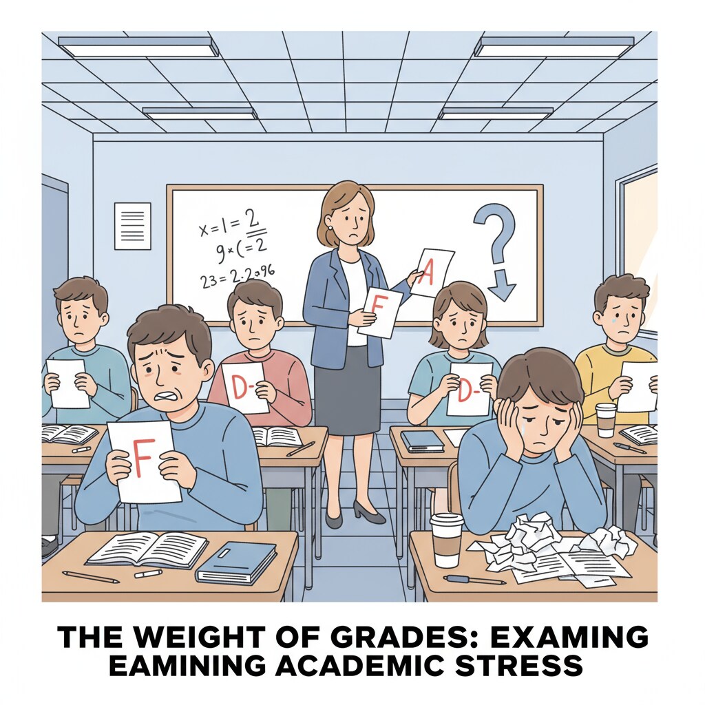 Students are seen looking stressed while receiving their graded papers, emphasizing the negative impact of the traditional grading system on students. Students stressed about graded papers in the context of grading system, education reform, and school policy