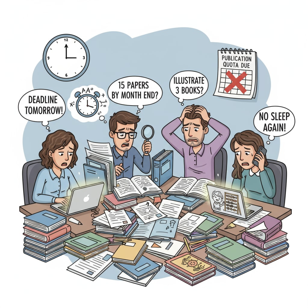 A group of K12 freelance teachers looking stressed while trying to meet research publication quotas K12 freelance teachers under pressure from publication quotas