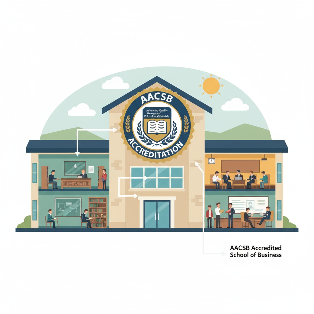 A logo of AACSB accreditation on a school building AACSB accreditation logo on a school