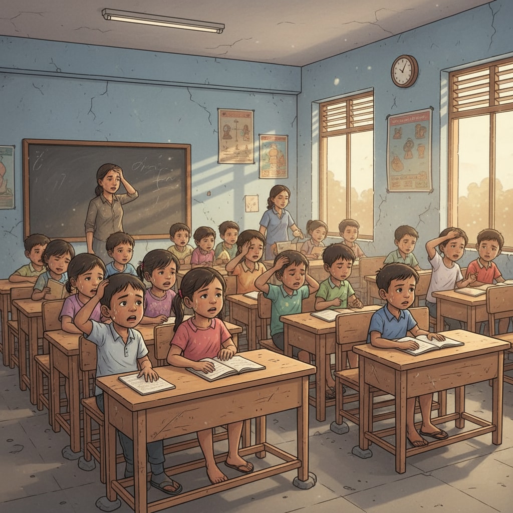 Students in a marginalized community facing educational inequality due to extreme heat in the classroom.