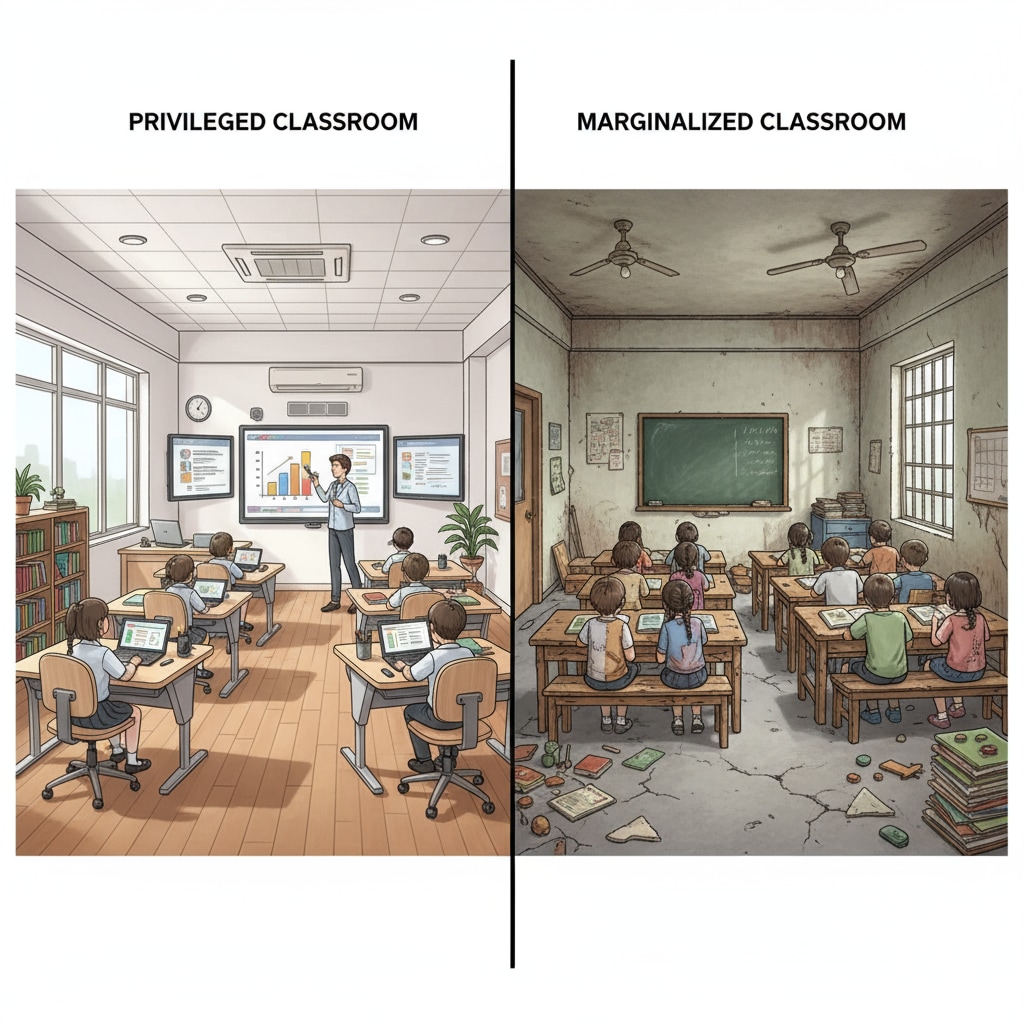 Comparison of classrooms in privileged and marginalized communities highlighting educational inequality related to extreme heat and resource disparities.