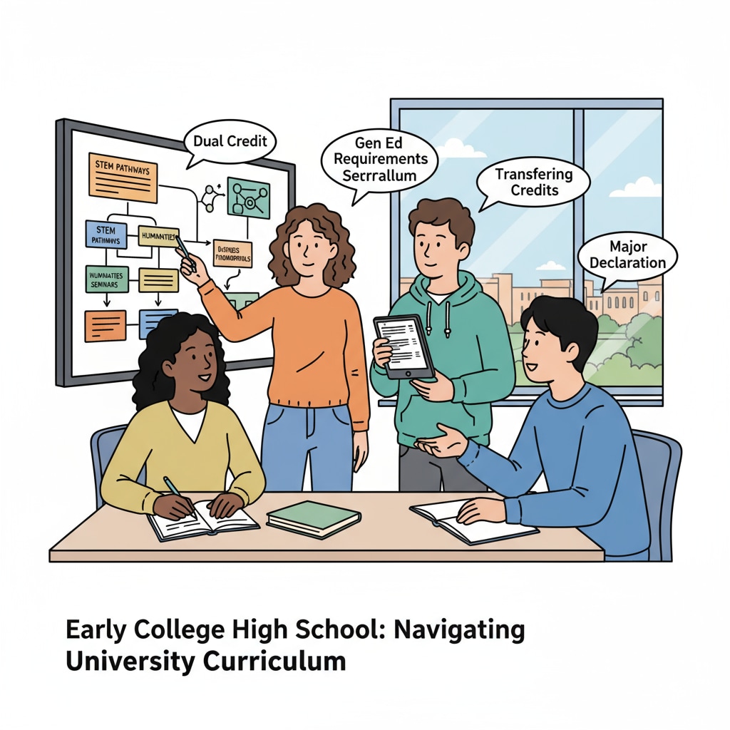 A group of students in an early college high school discussing their college courses. High school students in an early college high school setting