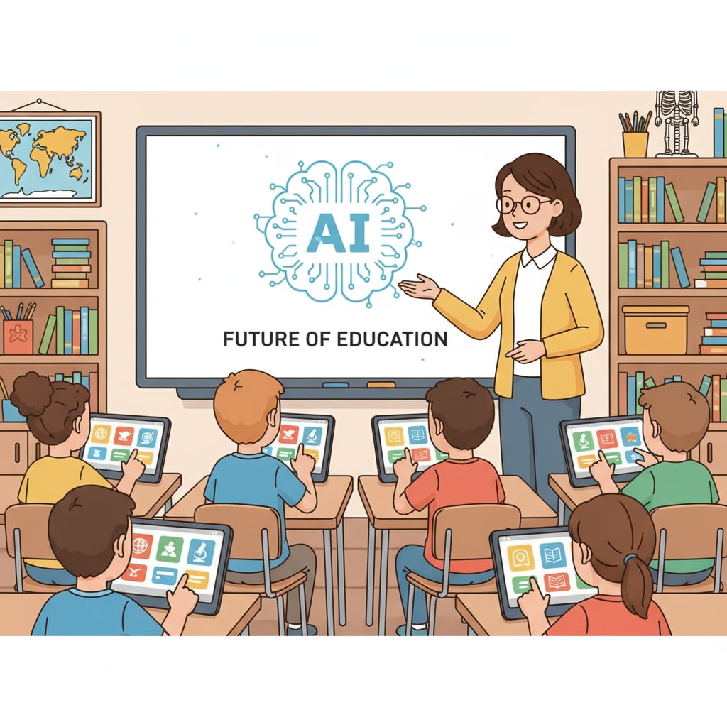 Students are seen using tablets with educational apps in a classroom setting, with an AI logo in the background, indicating the use of AI-powered tools. Students using AI-powered educational tools in a K12 classroom for productivity applications, AI feedback, and deep work tracking