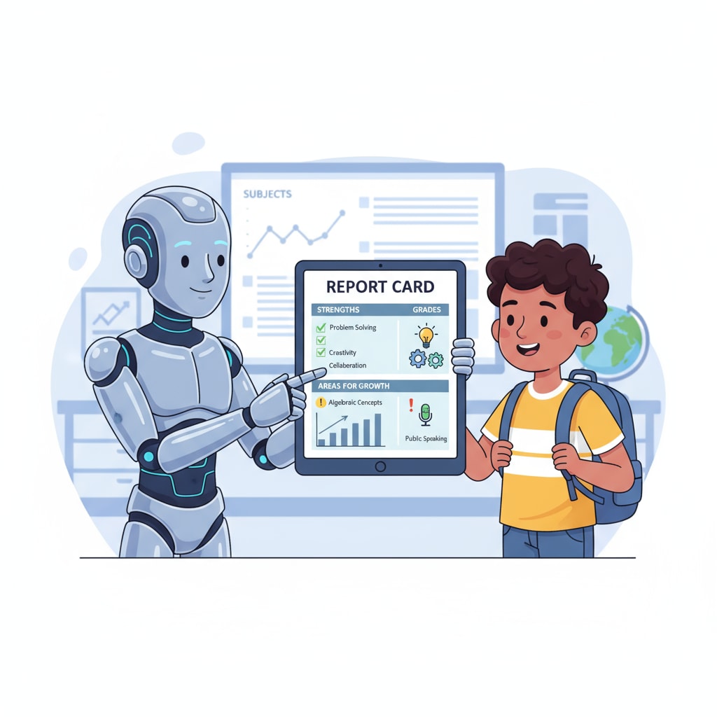 A visual representation of an AI system presenting a report card with detailed feedback to a student, highlighting areas of improvement and strengths. AI system providing feedback to a student for better deep work tracking and productivity in K12 education