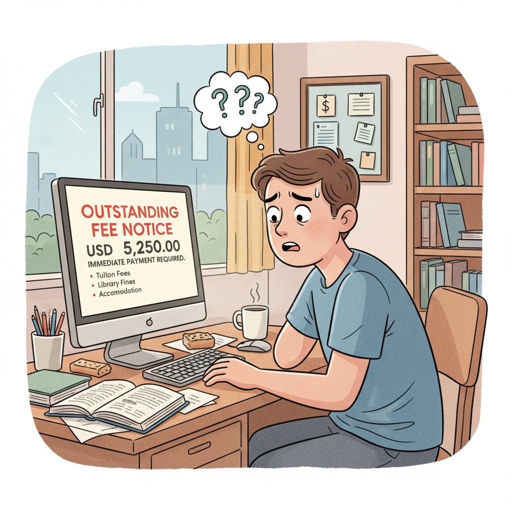 A student is sitting at a desk, looking worried as they stare at an outstanding fee notice on their computer screen. A student worried about university outstanding fees