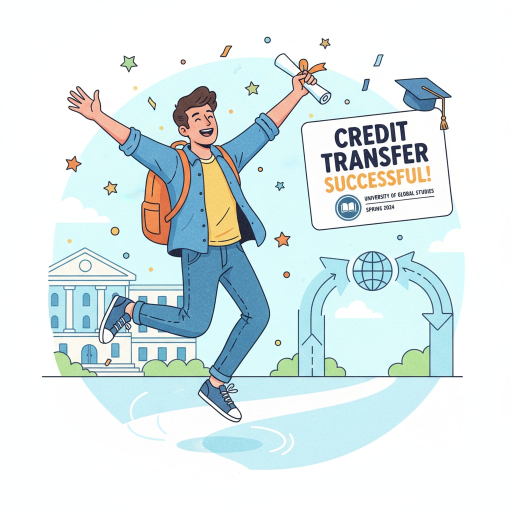A young student is jumping for joy, holding a document that shows successful credit transfer. A student celebrating successful credit transfer for university degree