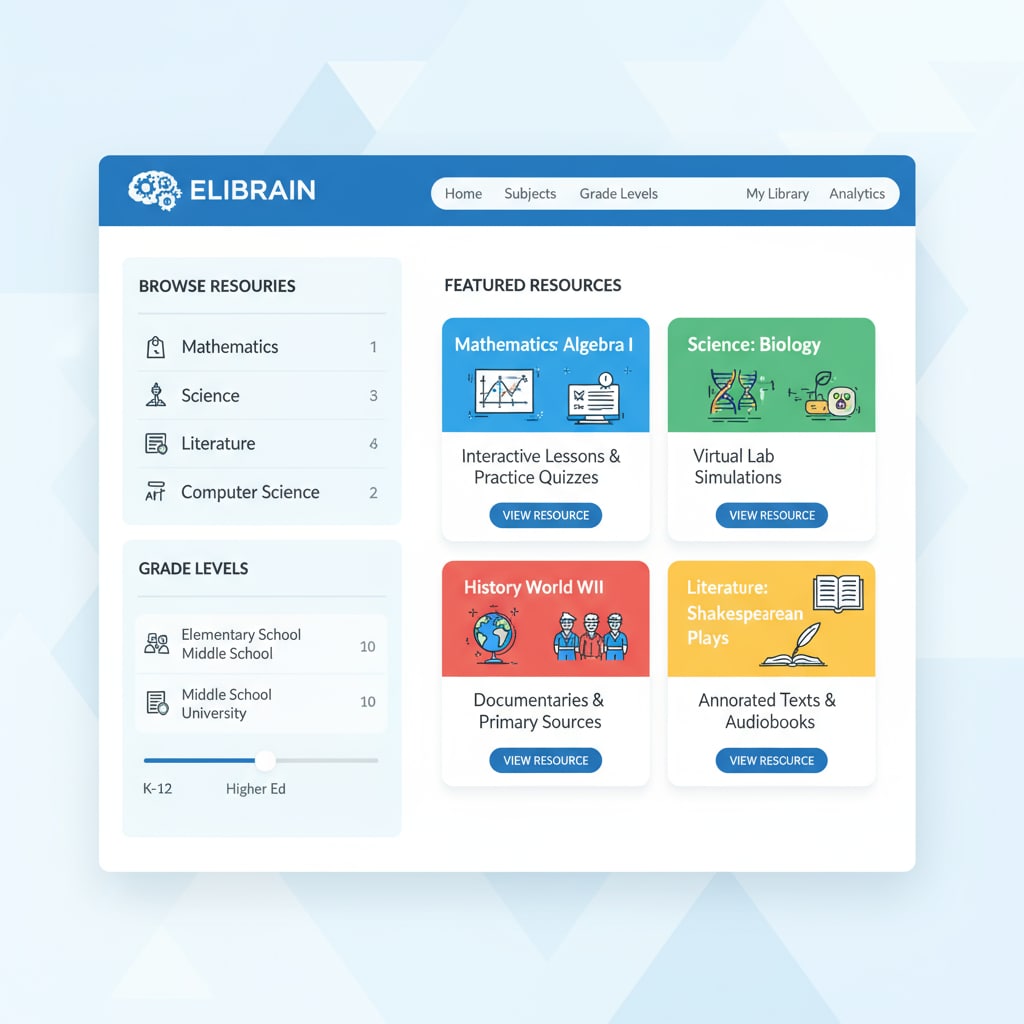 The interface of the ELIBRAIN platform shows different sections dedicated to educational resources such as subject categories and grade-level filters. ELIBRAIN platform interface with educational resource sections for user review and experience evaluation