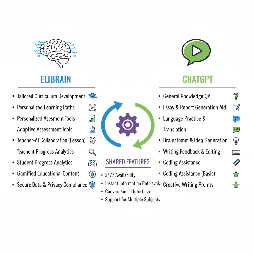 A visual comparison of ELIBRAIN and ChatGPT features relevant to education, highlighting unique aspects of each. Comparison of ELIBRAIN and ChatGPT features for educational tool user review and experience analysis
