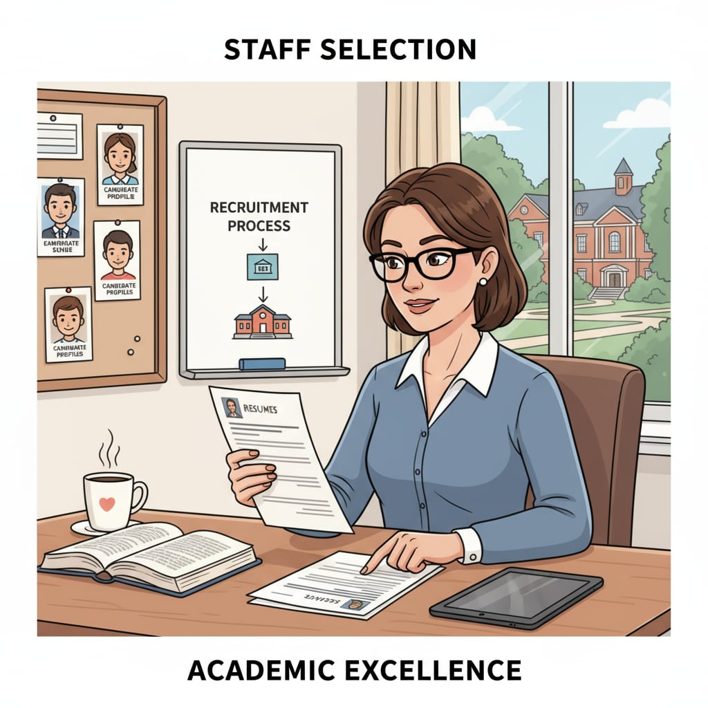A private school administrator is carefully reviewing resumes, depicting the recruitment process. Private school administrator reviewing resumes for recruitment service business feasibility