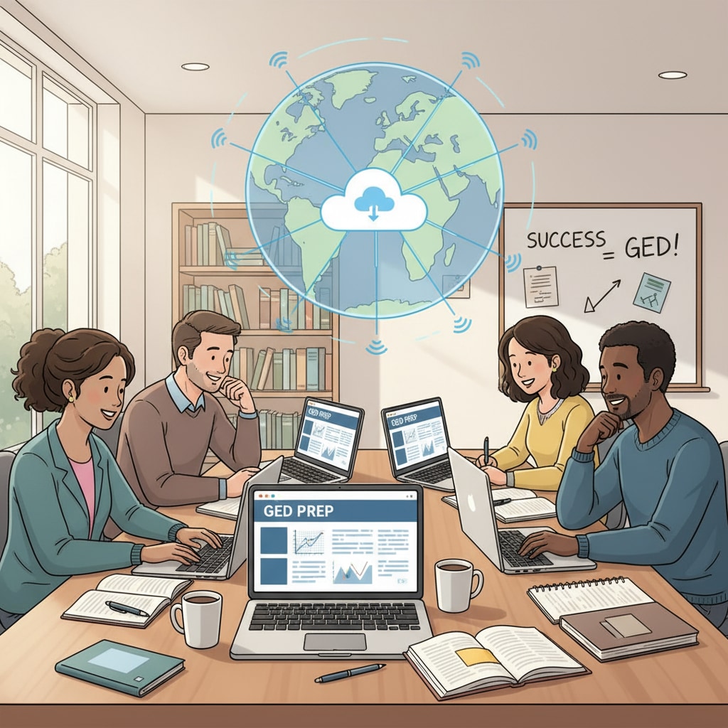 A group of students are shown studying GED courses on their laptops, highlighting the online learning aspect. Students studying GED online courses