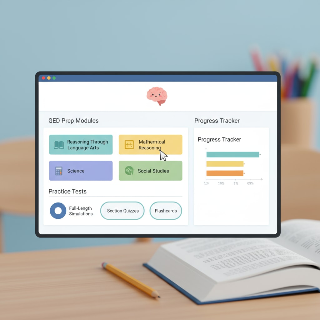 An interface of an online GED course is displayed, showing study materials and practice tests available. Online GED course interface with study resources