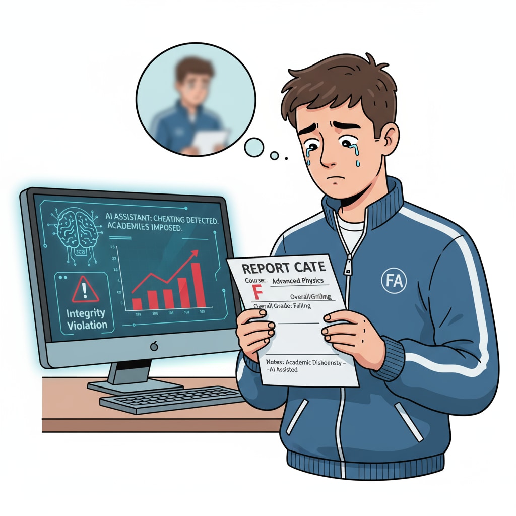 An athlete is shown looking disappointed while holding a failing grade report. The computer screen in the background displays an AI interface, highlighting the consequences of AI cheating. Athlete facing consequences of AI cheating with a failing grade report