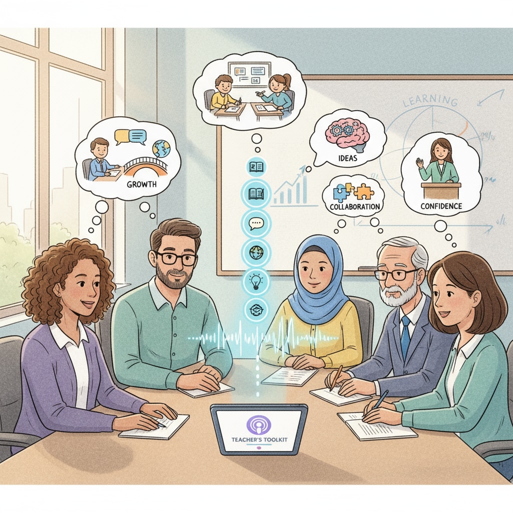 A group of educators sitting around a table, listening to a podcast on a device during a professional development session. This image depicts how educators can benefit from the podcast. Educators listening to a podcast for professional development in reading instruction, scientific methods, and educational resources