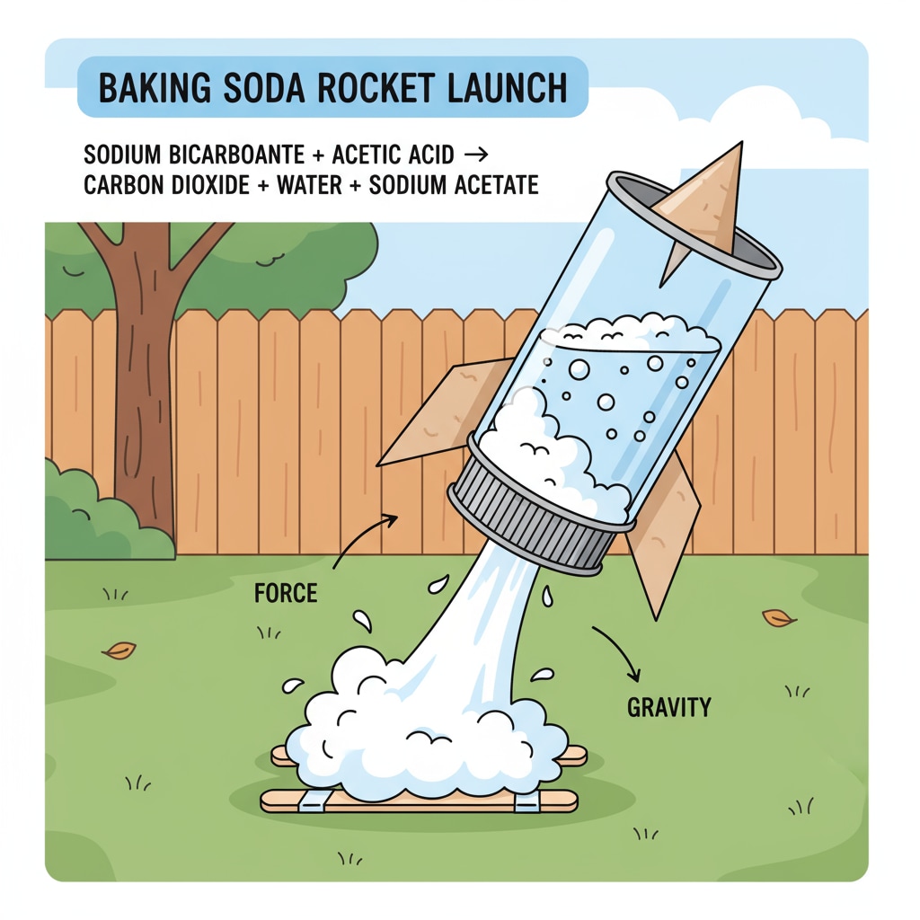 A child is seen in the backyard, gleefully launching a baking soda rocket made from a simple film canister. The rocket is about to take off as the chemical reaction between baking soda and vinegar creates a burst of energy. A child launching a baking soda rocket in a home science experiment