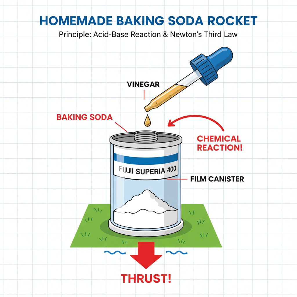 A close-up view of a homemade baking soda rocket. The film canister is filled with baking soda, and a small amount of vinegar is about to be added. The setup is ready for the exciting launch. Close-up of a baking soda rocket ready for launch in a home science experiment