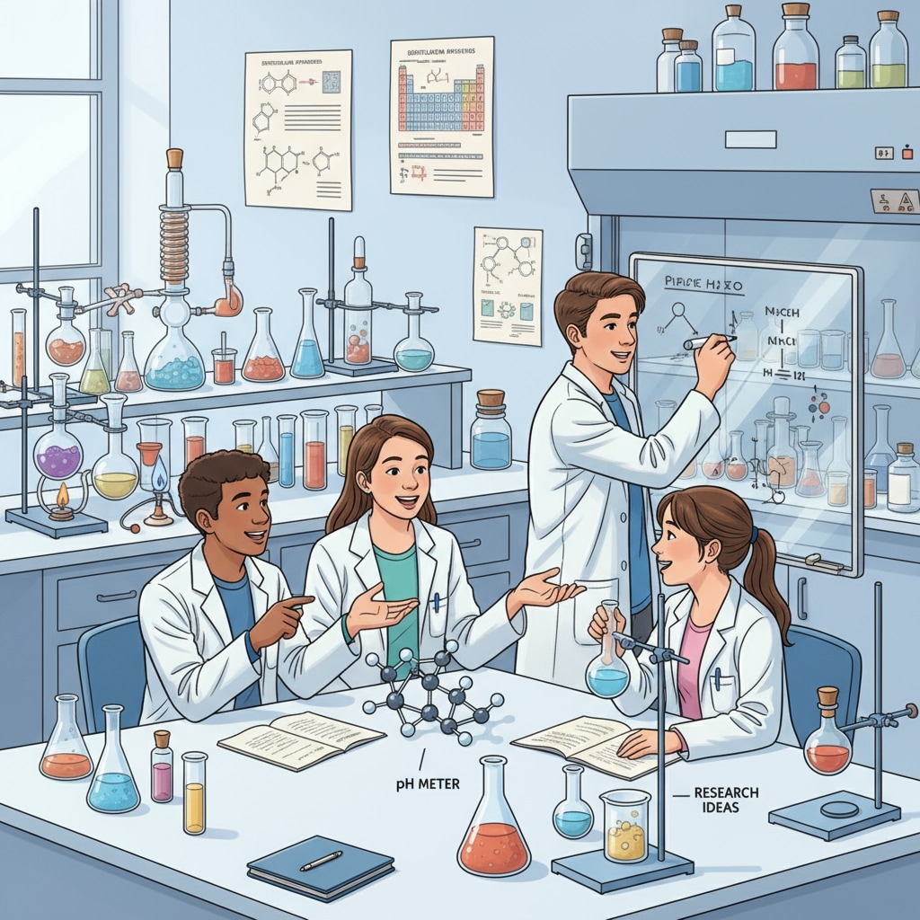 Students are engaged in a lively discussion about potential chemical research topics inside a high school laboratory, with various chemical equipment visible in the background. High school students discussing chemical research topics in a laboratory