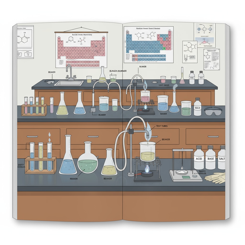 A view of a well-equipped high school chemistry laboratory, showing basic instruments such as test tubes, beakers, and Bunsen burners neatly arranged on the countertops. A high school chemistry laboratory with basic instruments