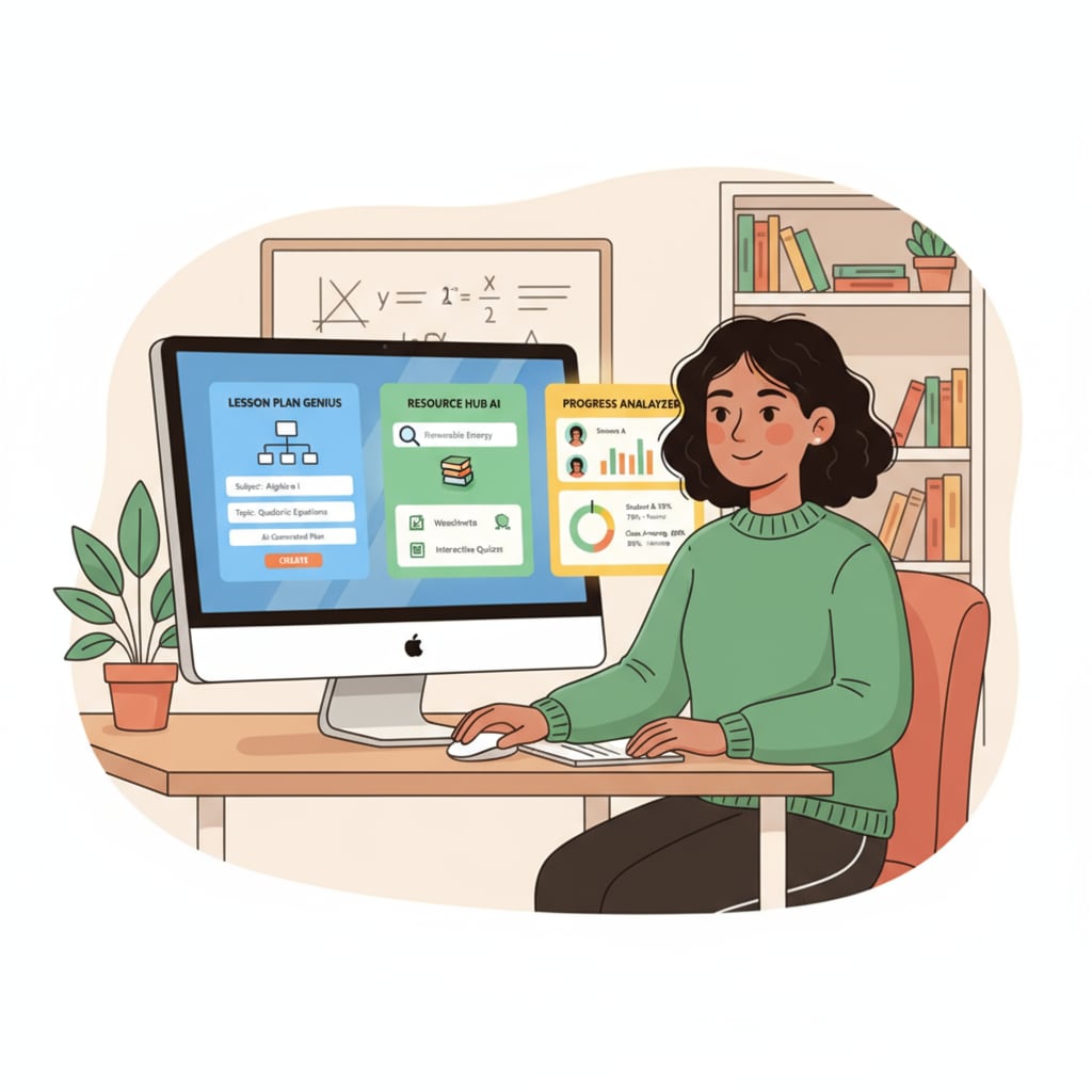 A teacher is sitting in front of a computer, with various AI education tool interfaces displayed on the screen, showing different features like lesson plan generation and resource collection. A teacher exploring AI education tool interfaces for备课评分