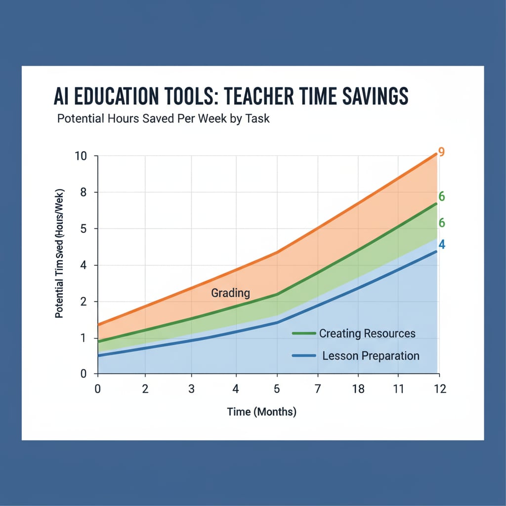 A graph presents the potential time saved by teachers when using AI education tools in tasks such as备课, grading, and creating teaching resources. Graph showing time saved by teachers using AI education tools in备课评分related tasks