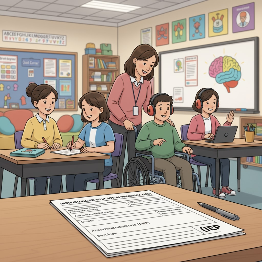 Students with disabilities in a special education classroom, with an IEP document visible.