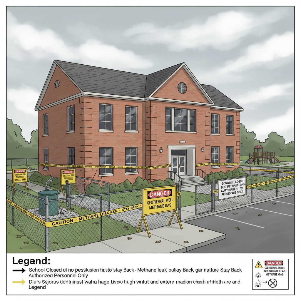 A view of the closed school building with caution signs around due to methane leak from geothermal well, showing the quiet and empty campus with signs warning of potential danger. Closed school due to methane leak from geothermal well