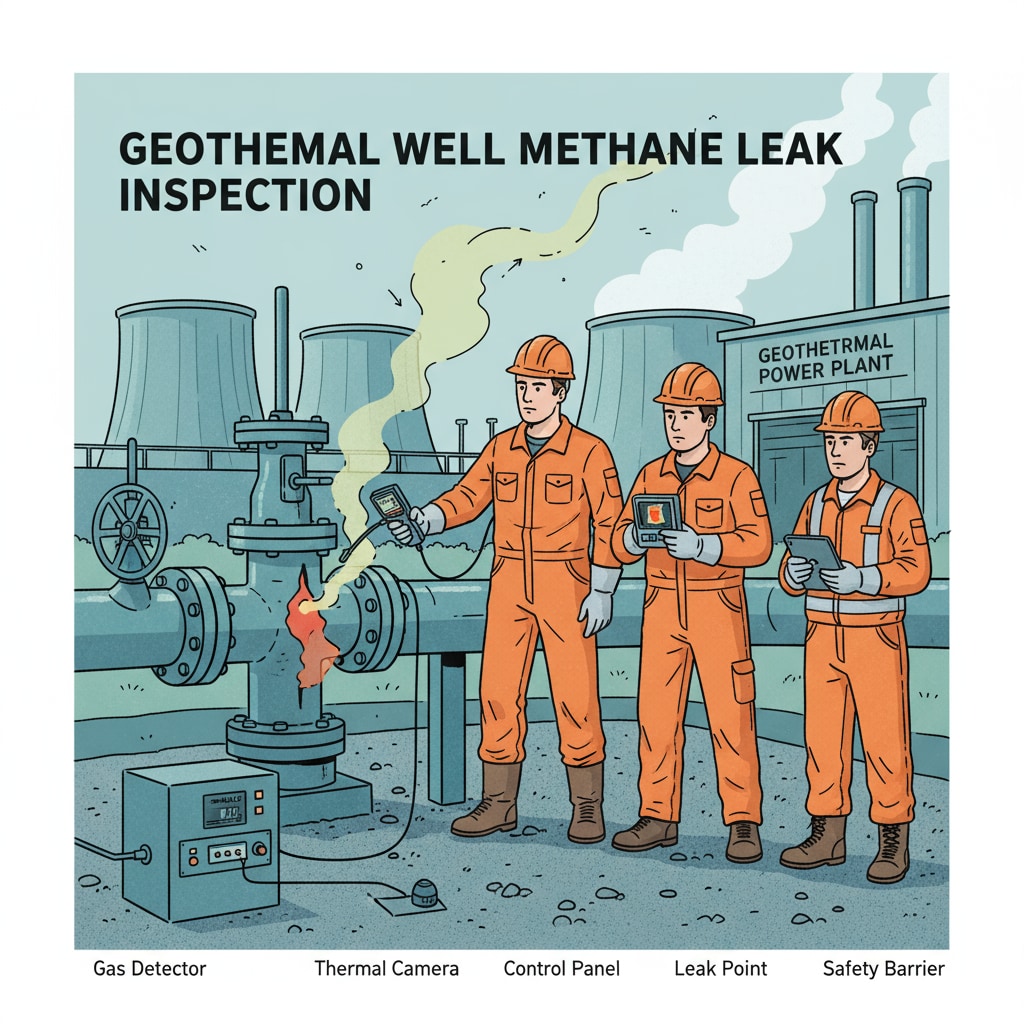 Workers inspecting the geothermal well for methane leak, with equipment and a serious look on their faces as they try to identify the source of the leak. Workers inspecting geothermal well for methane leak