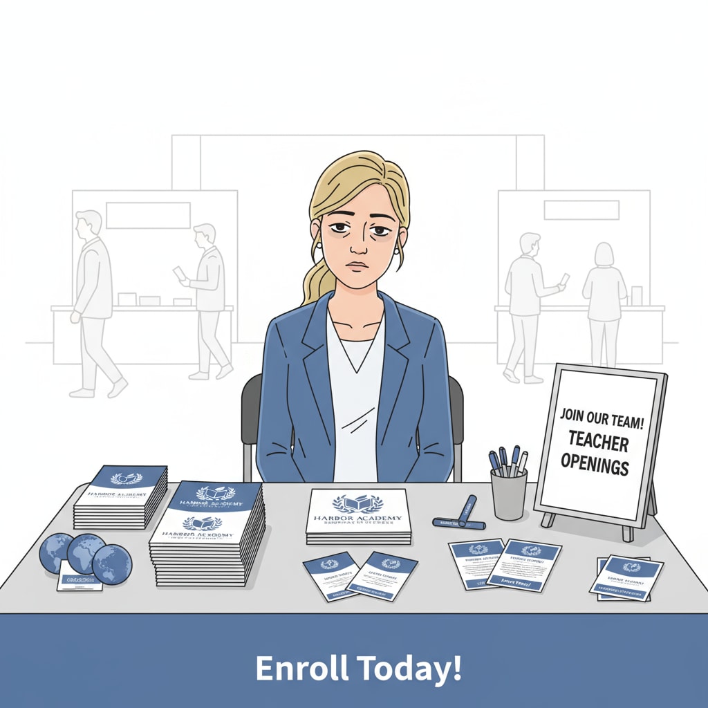 A tired charter school teacher at a recruitment booth facing work pressure