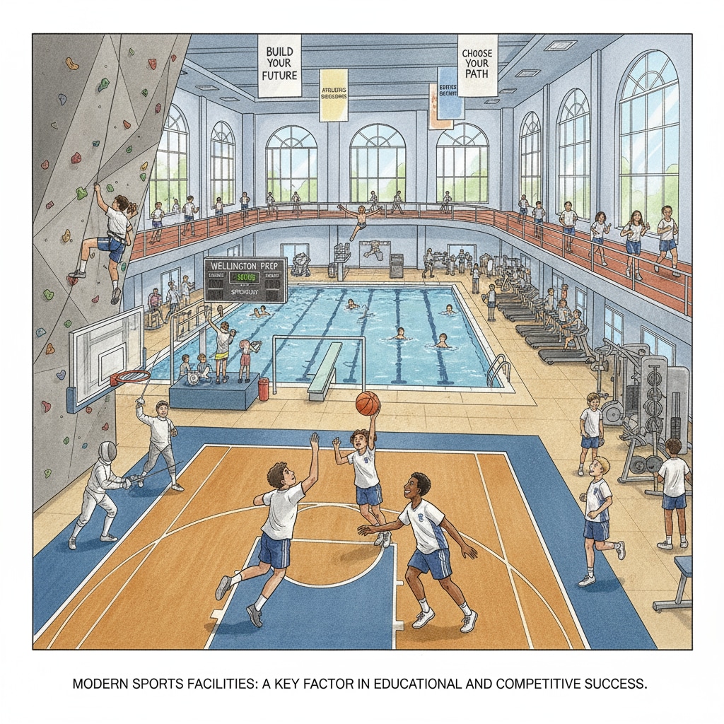 A group of students engaged in various sports activities in a well-equipped school sports facility, highlighting the importance of sports facilities in the context of school choice and competition. Students enjoying sports in a school facility related to school choice, sports facilities, student competition, and funding allocation