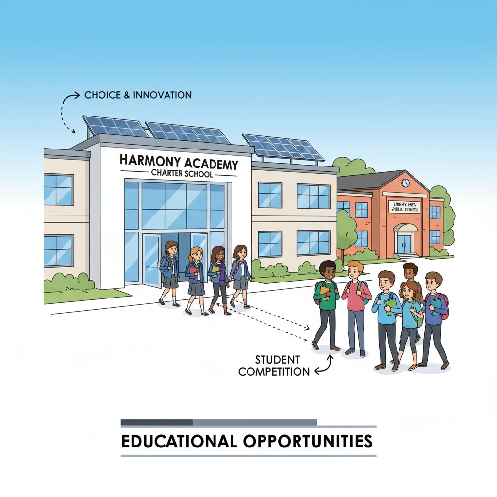 Students walking into a modern charter school building, symbolizing the competition for students between public and charter schools. Students entering a charter school building, relevant to school choice, sports facilities, student competition, and funding allocation