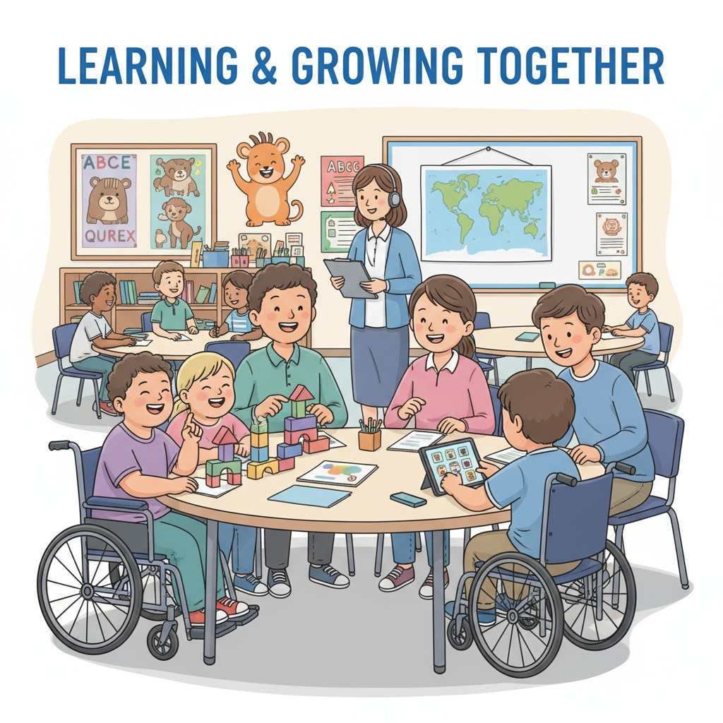 A group of special education students interacting with older special needs students in a classroom setting. The students are engaged in activities that promote learning and social interaction. Special education students with RBT experience interacting with older special needs students in a classroom