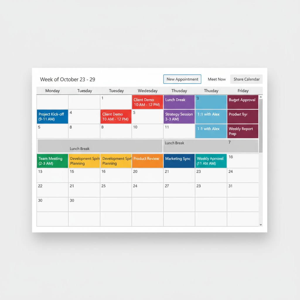A screenshot of Microsoft Outlook Calendar showing a busy schedule with different colored events Microsoft Outlook Calendar with various events for college students
