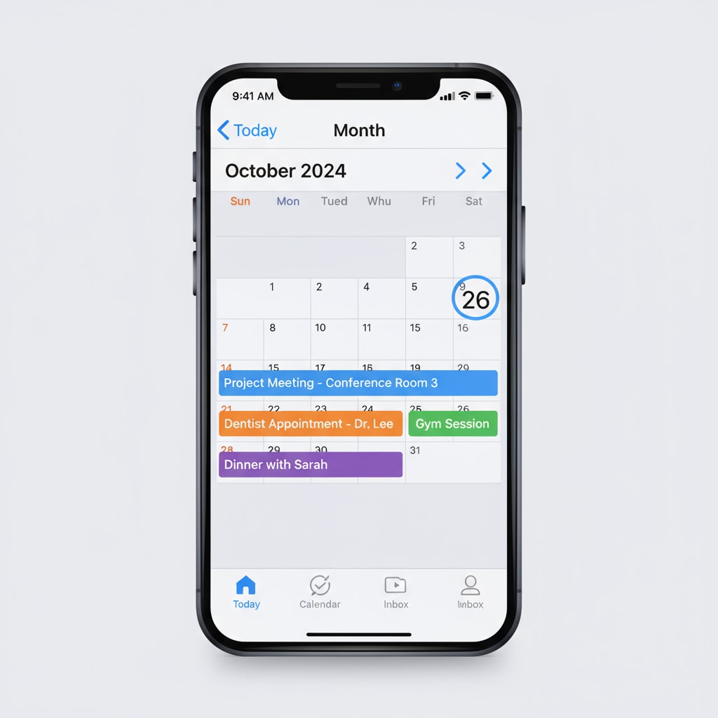 A display of an iPhone screen showing Apple Calendar with color-coded events Apple Calendar with color-coded events for college students' organization