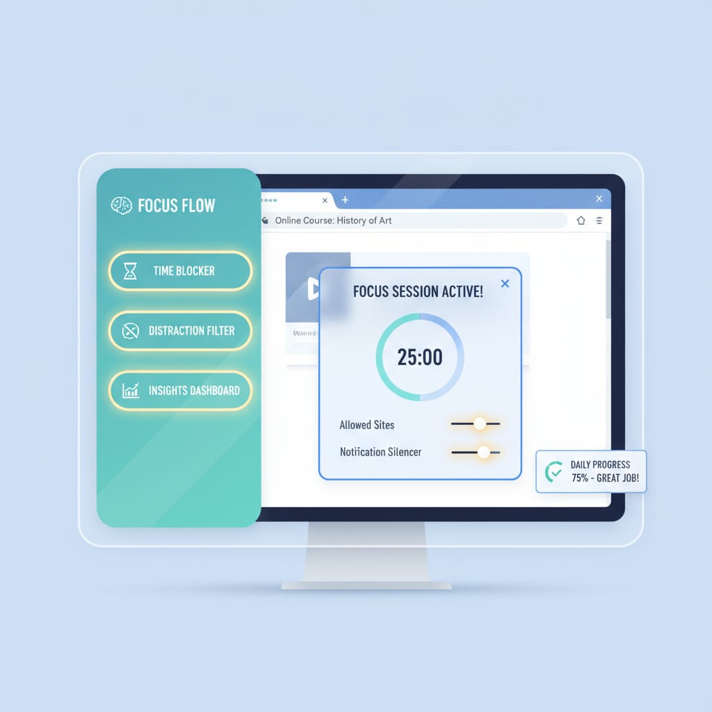A screenshot of the innovative browser extension interface highlighting its key features for attention management in online learning. Browser extension interface for attention management in K12 online learning