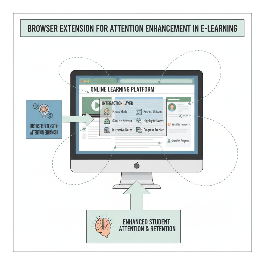 A diagram showing how the browser extension interacts with the online learning environment to enhance attention. Diagram of browser extension interaction with online learning environment for attention enhancement