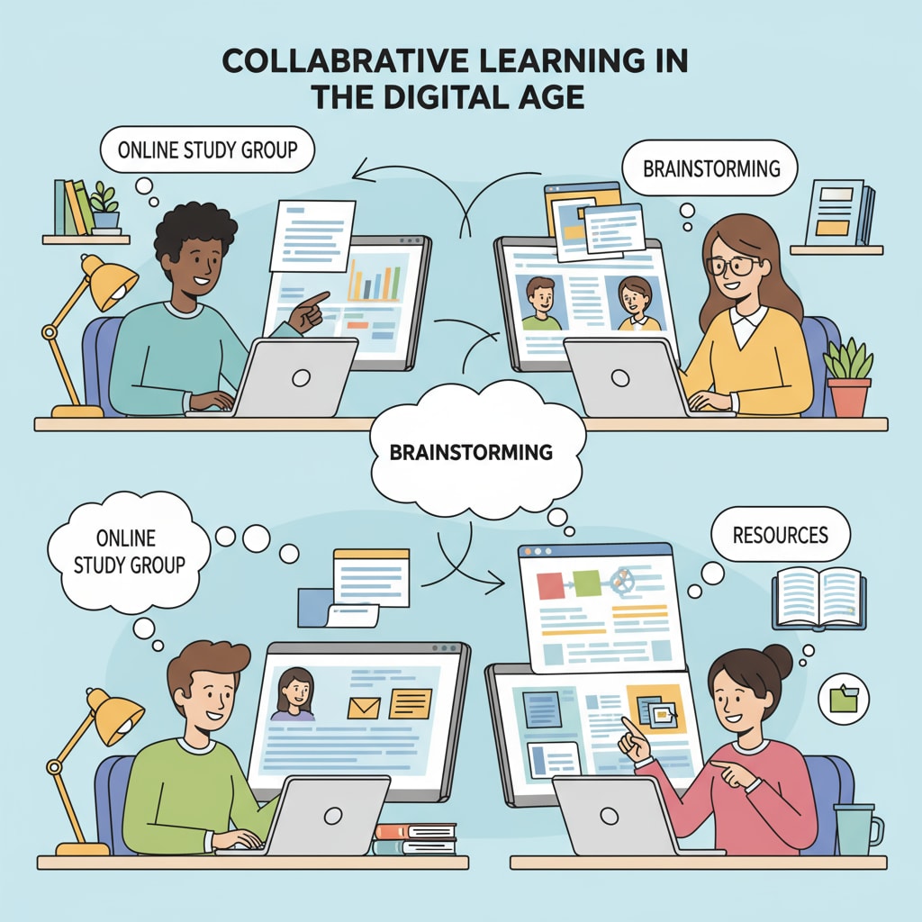 Students collaborating in an online study group using study groups, Discord, or WhatsApp.