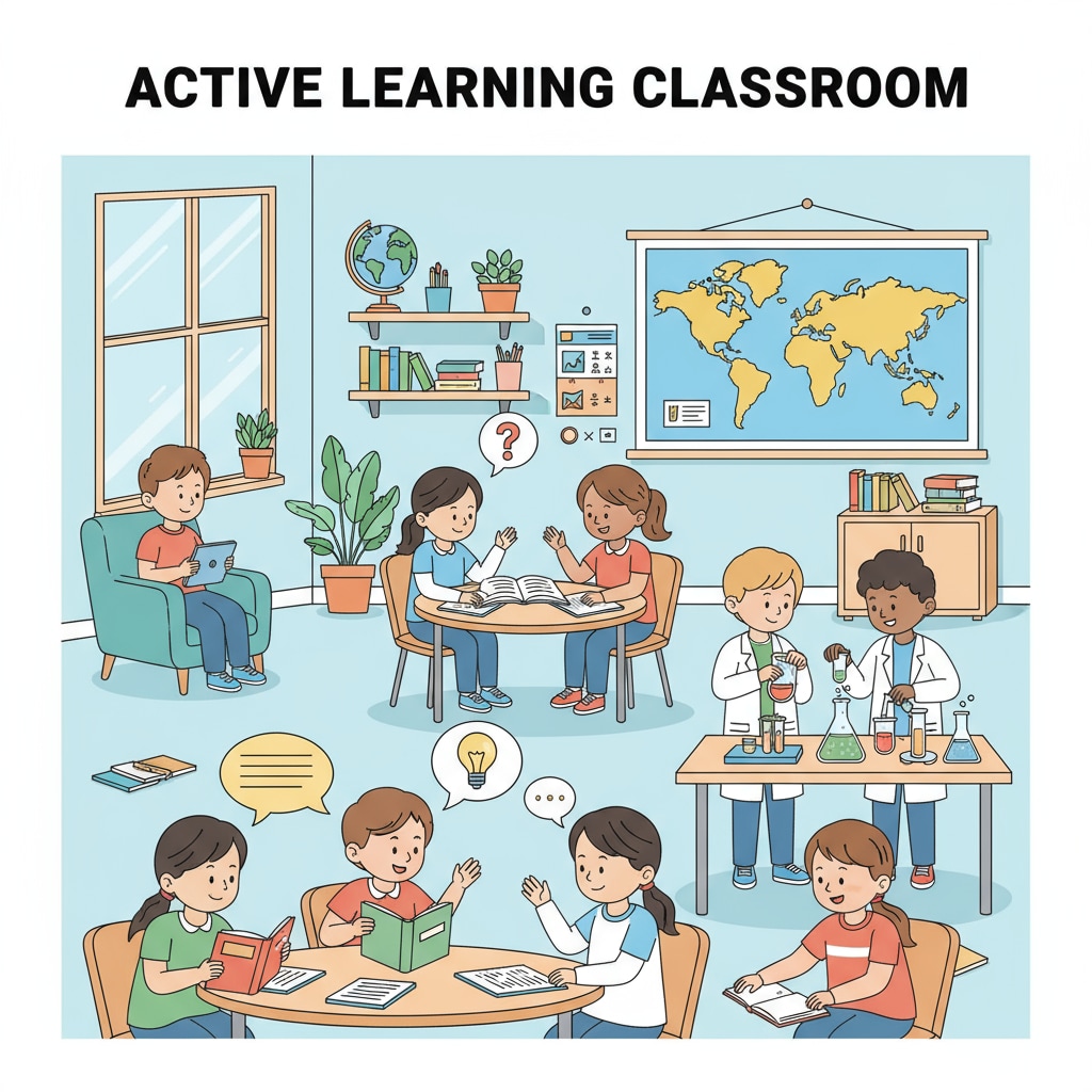 A classroom scene where students of different ages and ethnicities are actively engaged in various learning activities, such as group discussions, individual reading, and hands-on experiments. Differentiated instruction in a diverse classroom