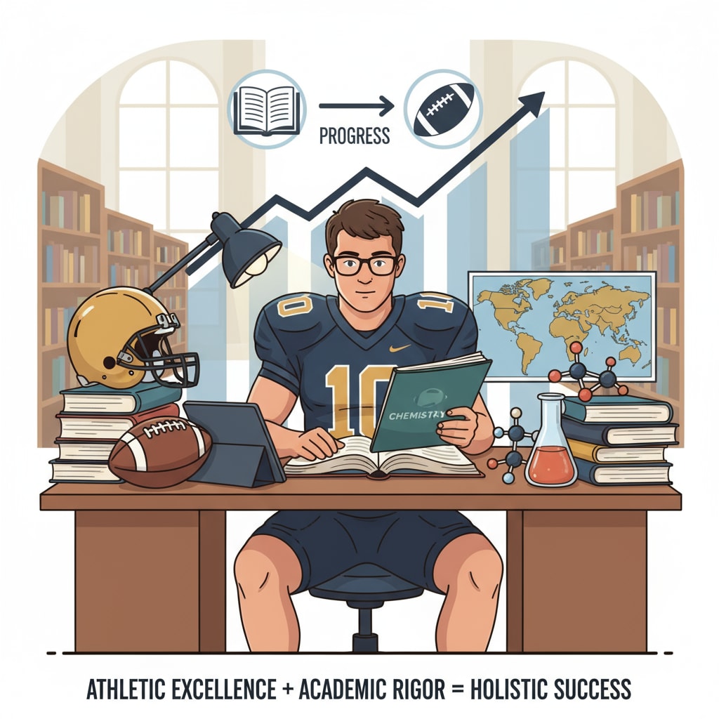A football player sitting at a desk, studying textbooks, showing the balance between sports and academics A football player maintaining the balance between college admissions requirements and academic work