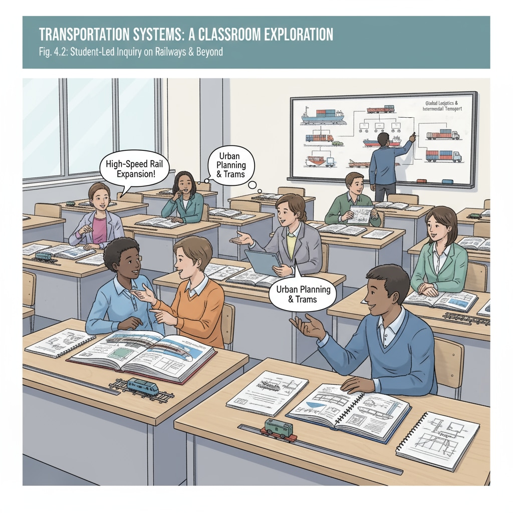 A classroom scene where students are actively engaged in discussing various topics related to transportation and railway, with books and diagrams on their desks. Students discussing transportation and railway topics in a K12 classroom, related to future master's programs.