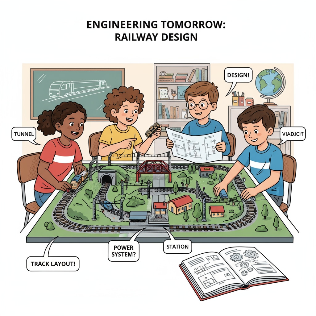A group of students working together on a model of railway infrastructure, with enthusiasm and focus. K12 students engaged in a hands-on project related to railway infrastructure, relevant to future transportation and railway master's programs.