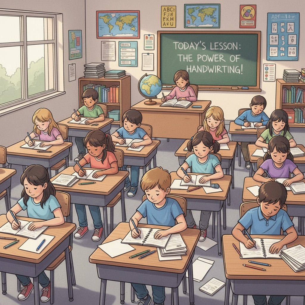 A classroom scene where students are writing with pens on paper, away from digital devices, indicating the return to traditional teaching. A classroom scene of Swedish students using pen and paper in the context of educational technology, Swedish education, and digital transformation