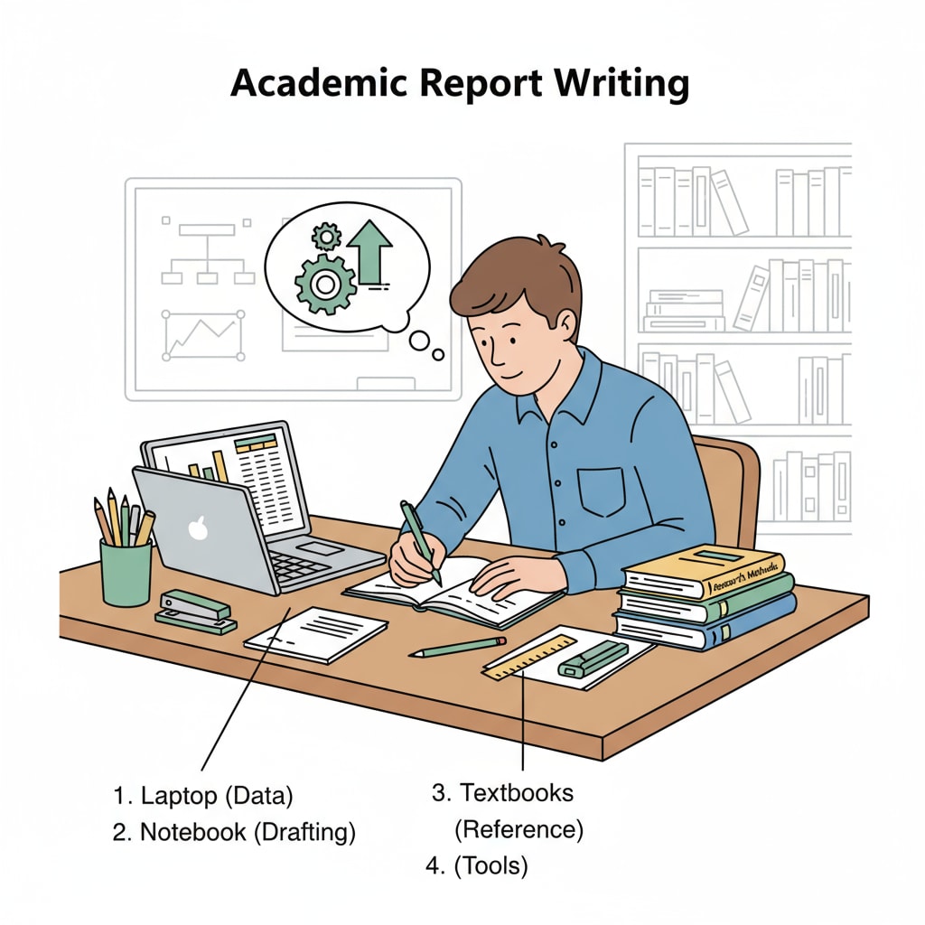 A student is sitting at a desk, writing a report with concentration. The desk has a laptop, books, and stationery. A 10th grader engaged in report writing for academic evaluation.