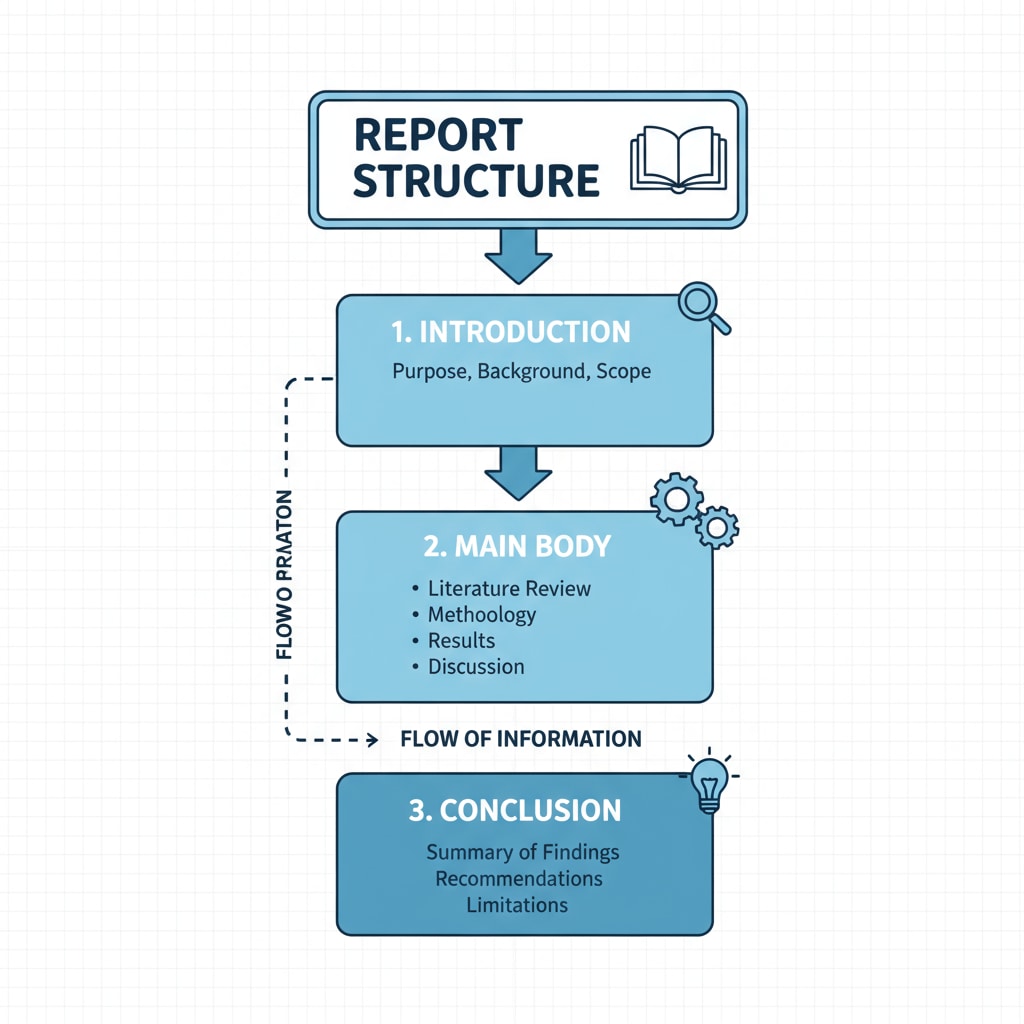 A diagram showing the different parts of a report structure, including introduction, main body, and conclusion. Structure of an academic report for exam writing.