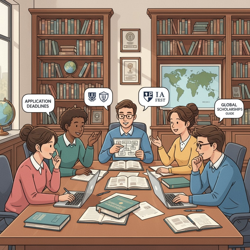 A group of students are sitting around a table in a study room, discussing their university application plans, with books and papers spread out in front of them. Students discussing international university applications and extracurricular activities in a study room