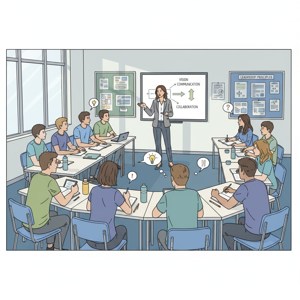 Students are actively participating in a leadership workshop, listening attentively to the instructor and taking notes. Students participating in a leadership workshop related to international university application and extracurricular activities