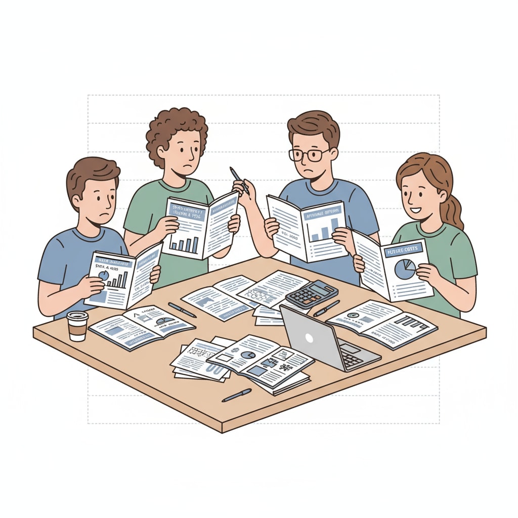 A group of students are looking through brochures that detail the tuition fees of various state universities. Asylum-pending immigrant students examining state university tuition fee brochures