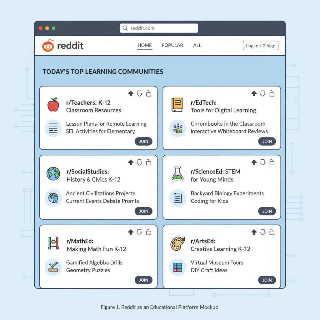 A screenshot of the Reddit homepage with various educational subreddits highlighted, showing different topics related to K12 education. Screenshot of Reddit homepage with educational subreddits for K12 teachers